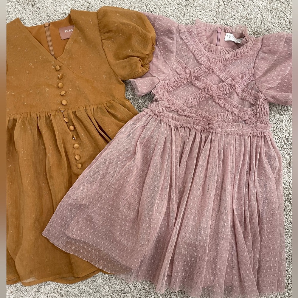 Ivy City Co Pink organza dot dress + brown button dress